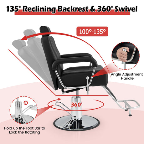 Sillón de barbero hidráulico giratorio 360 grados con reposacabezas ajustable y respaldo reclinable - Negro