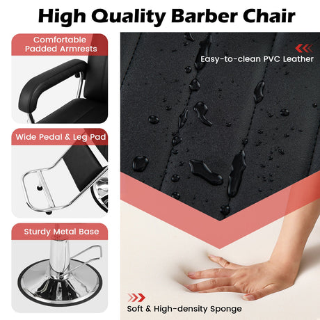 Sillón de barbero hidráulico giratorio 360 grados con reposacabezas ajustable y respaldo reclinable - Negro