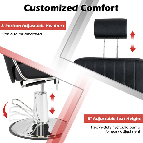 Sillón de barbero hidráulico giratorio 360 grados con reposacabezas ajustable y respaldo reclinable - Negro