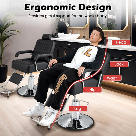 Sillón de barbero hidráulico giratorio 360 grados con reposacabezas ajustable y respaldo reclinable - Negro
