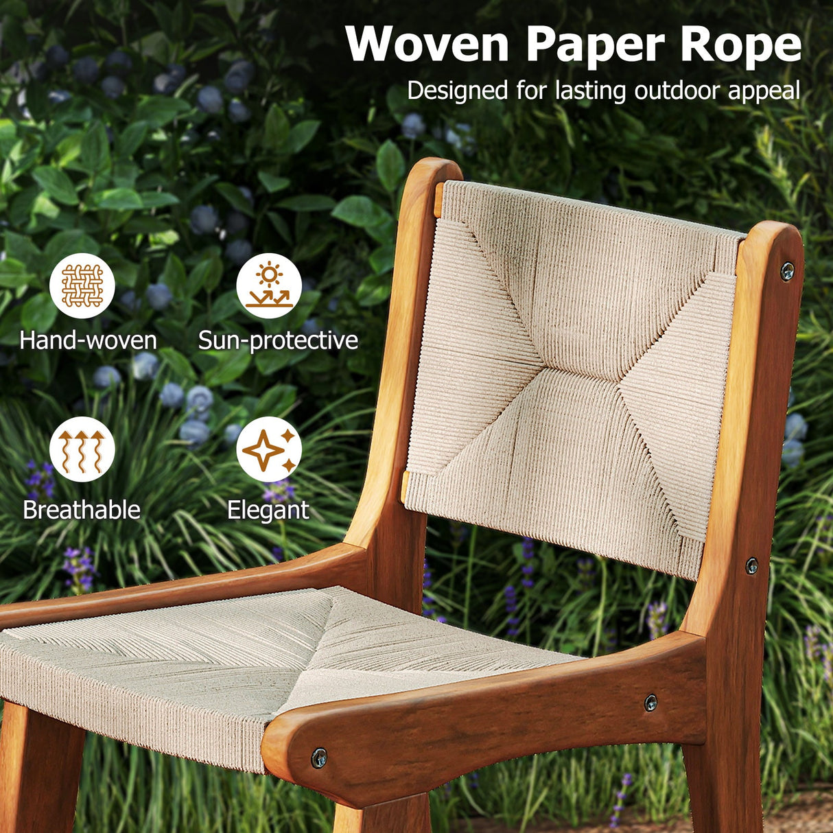 Juego de 1 taburete de bar de altura de mostrador para exteriores, taburete de bar de patio de cuerda de papel tejida con estructura de madera de teca