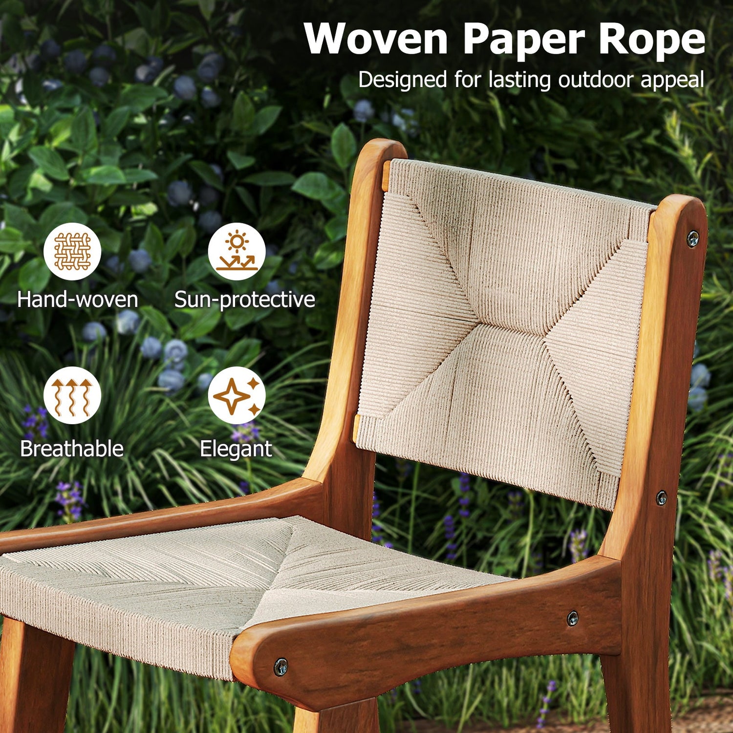 Juego de 1 taburete de bar de altura de mostrador para exteriores, taburete de bar de patio de cuerda de papel tejida con estructura de madera de teca