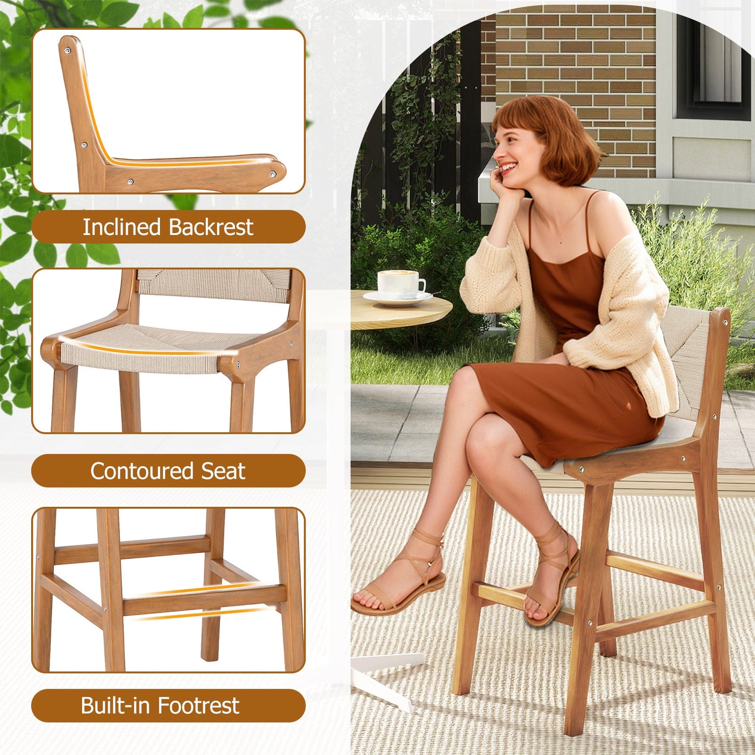 Juego de 1 taburete de bar de altura de mostrador para exteriores, taburete de bar de patio de cuerda de papel tejida con estructura de madera de teca