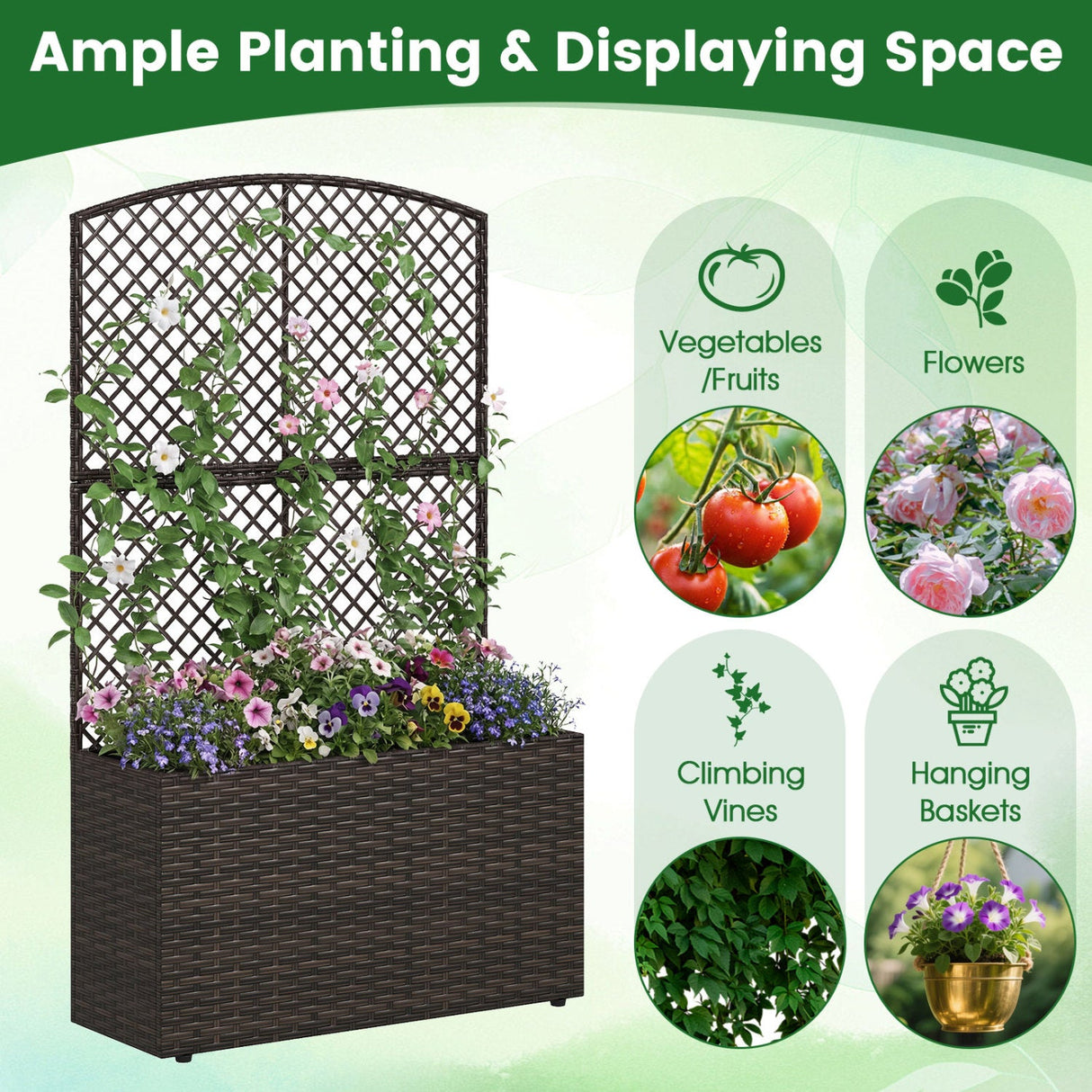 Juego de 2 jardineras elevadas de 49 pulgadas con enrejado y macetero de mimbre