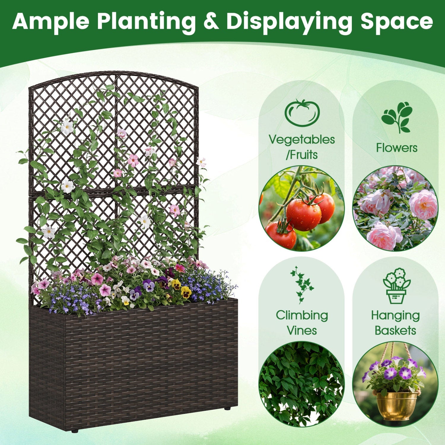 Juego de 2 jardineras elevadas de 49 pulgadas con enrejado y macetero de mimbre