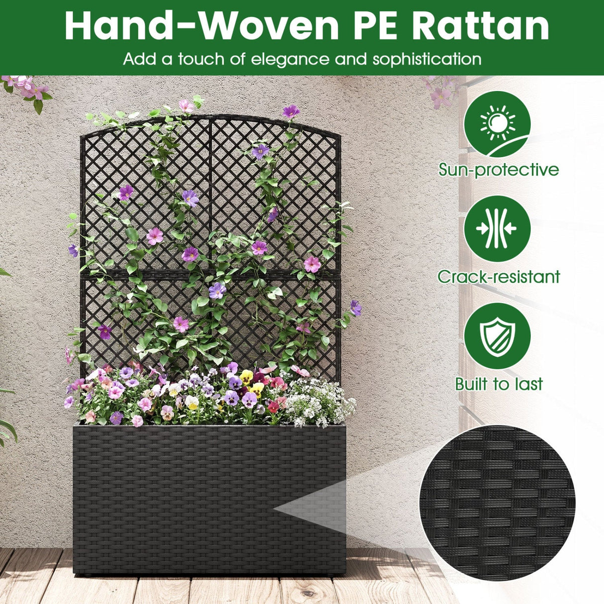 Juego de 2 jardineras elevadas de 49 pulgadas con enrejado y macetero de mimbre