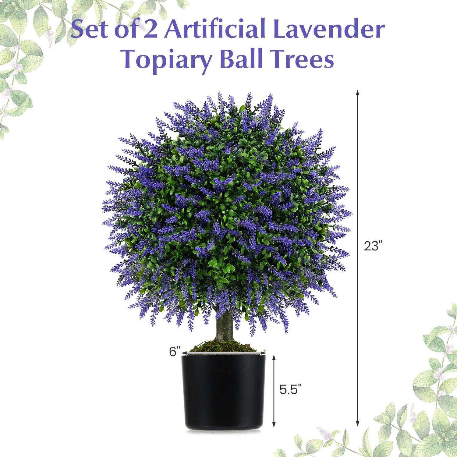 Juego de 2 árboles de lavanda artificial de 23 pulgadas con maceta con cemento - Púrpura