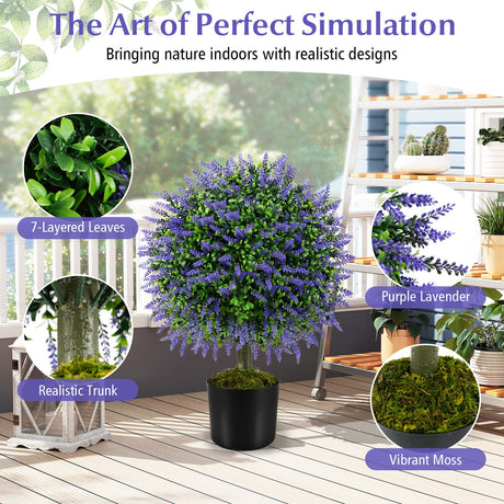 Juego de 2 árboles de lavanda artificial de 23 pulgadas con maceta con cemento - Púrpura