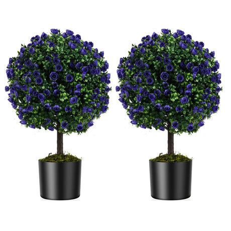Set de 2 árboles de topiario artificial de rosas moradas de 22 pulgadas con maceta rellena de cemento - Morado