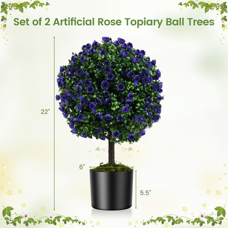 Set de 2 árboles de topiario artificial de rosas moradas de 22 pulgadas con maceta rellena de cemento - Morado