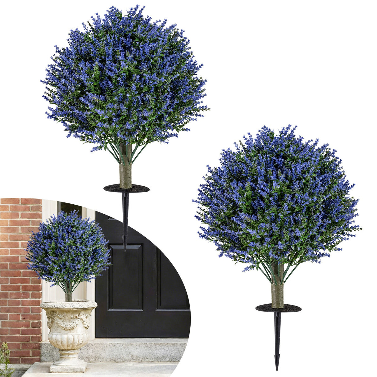 Juego de 2 árboles de topiario artificiales de lavanda con estacas para el suelo