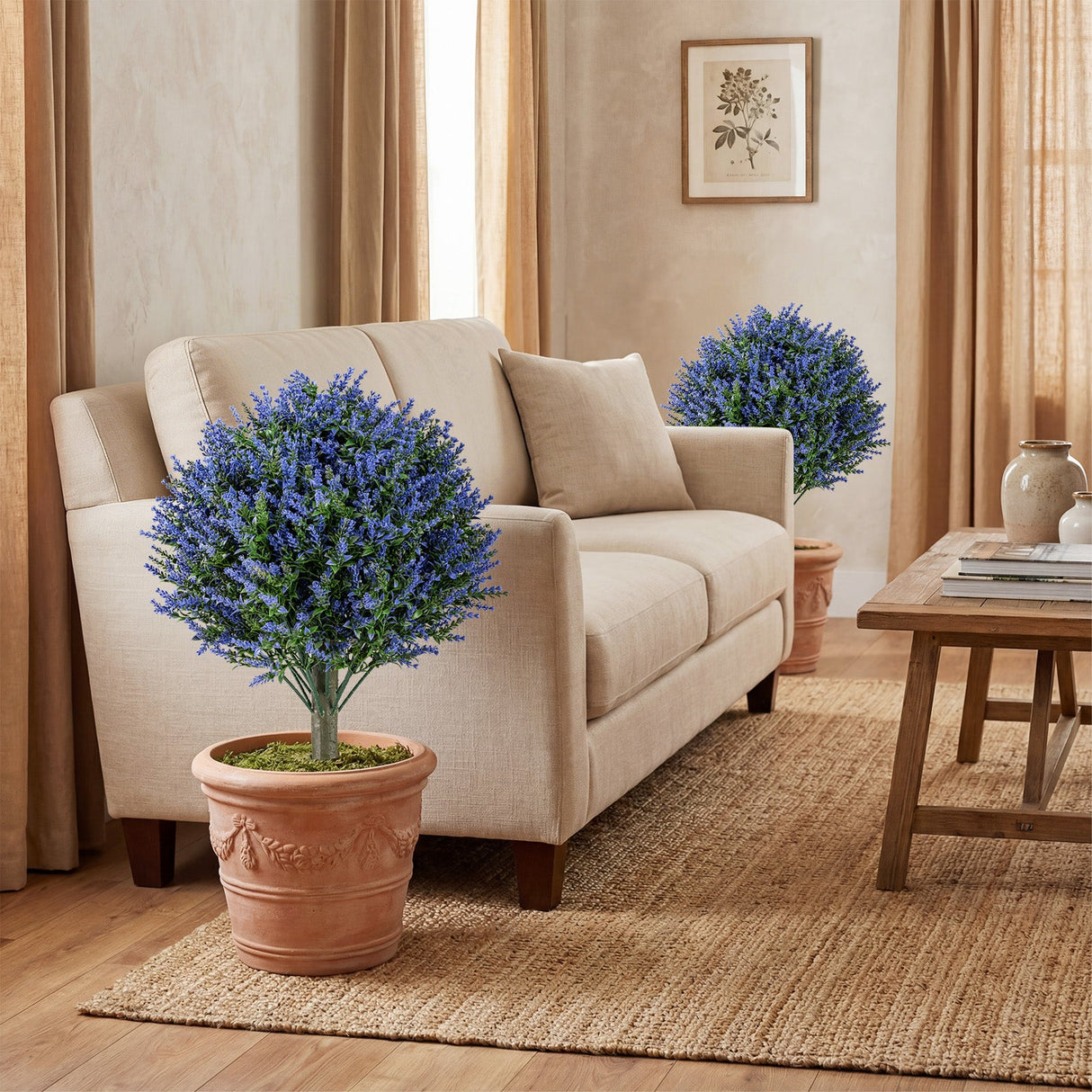 Juego de 2 árboles de topiario artificiales de lavanda con estacas para el suelo