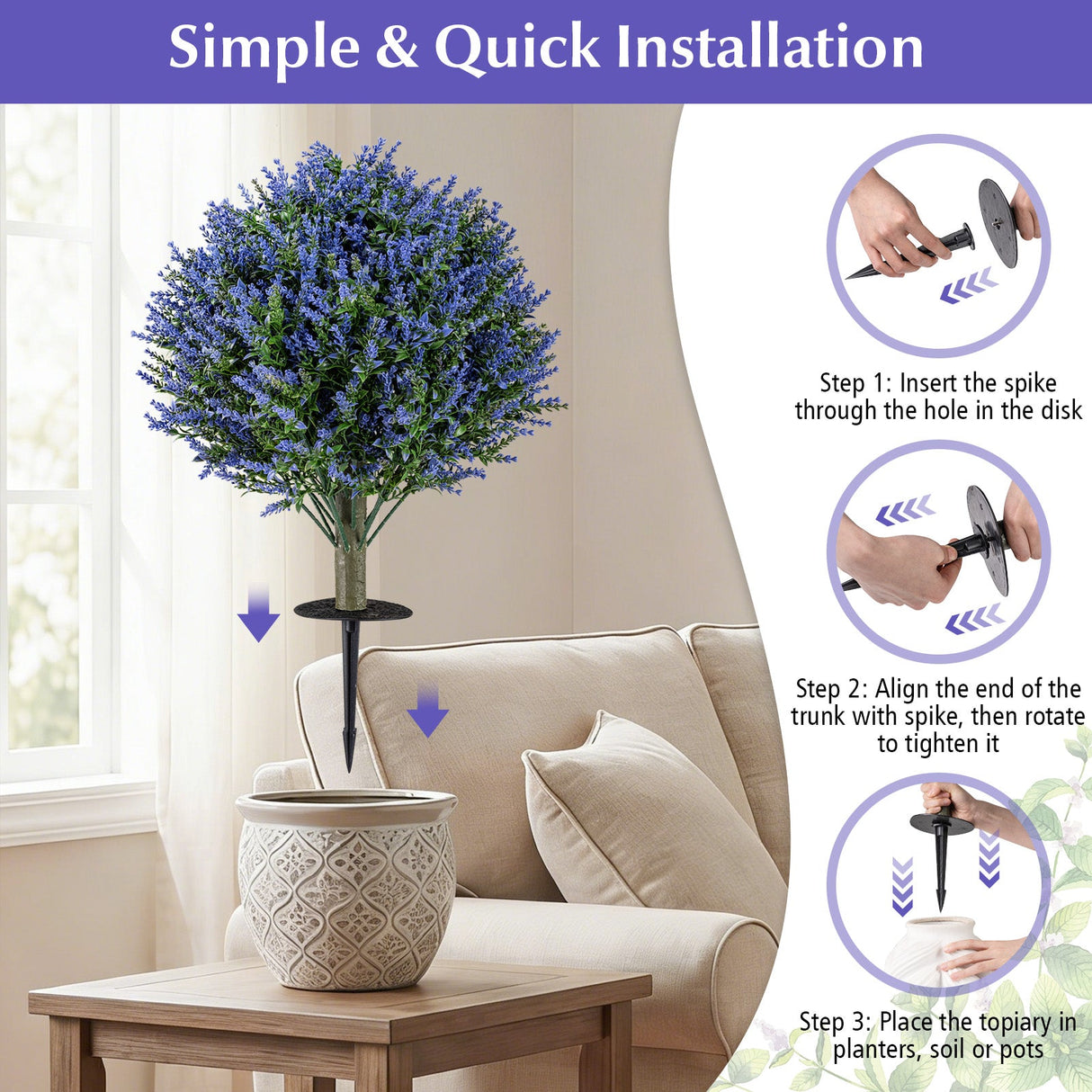 Juego de 2 árboles de topiario artificiales de lavanda con estacas para el suelo