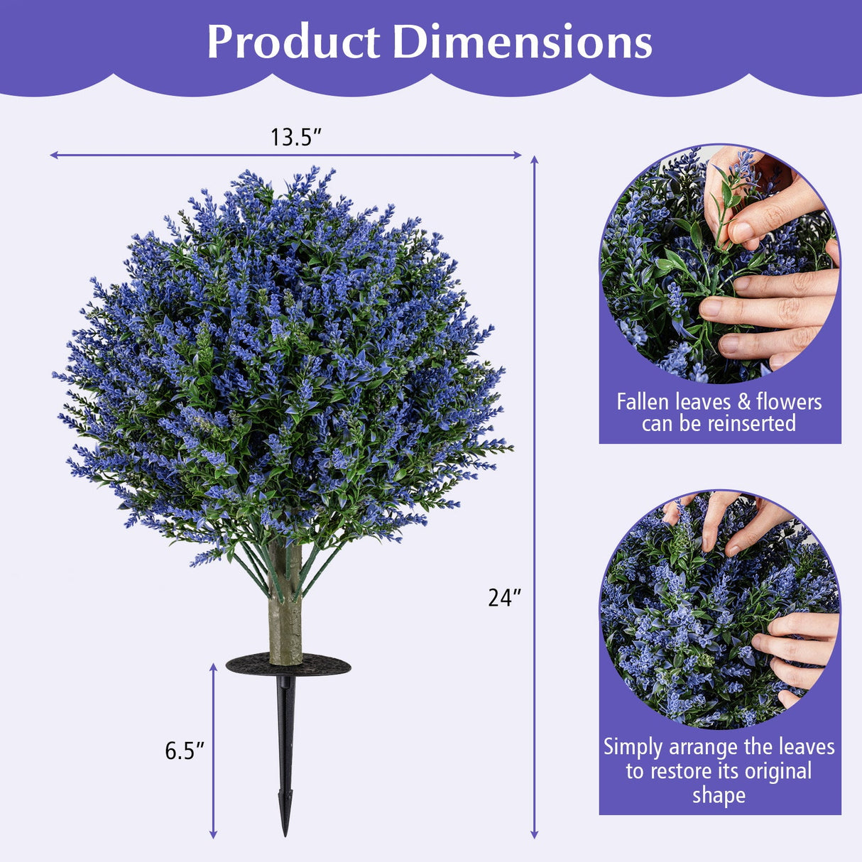 Juego de 2 árboles de topiario artificiales de lavanda con estacas para el suelo