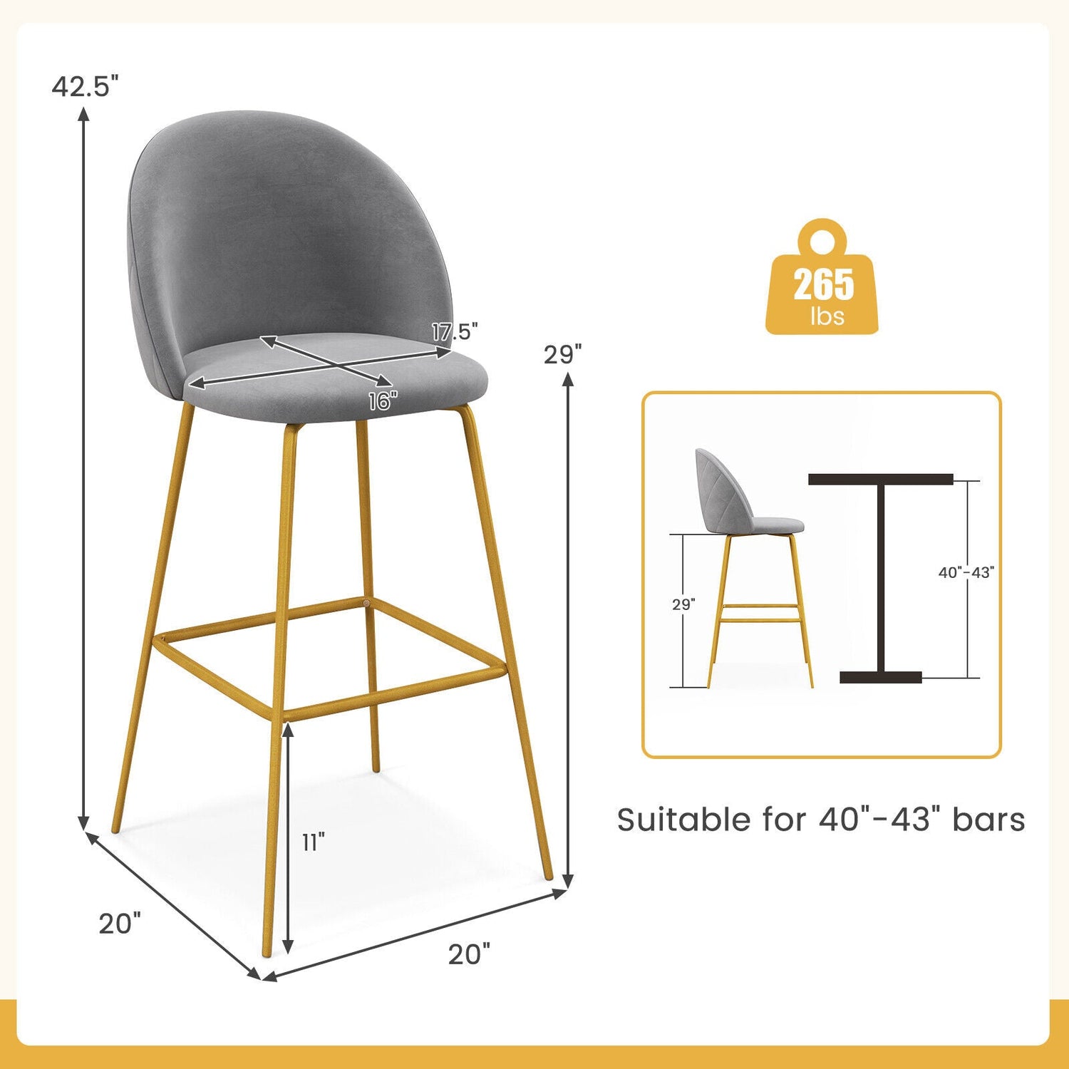 Juego de 2 taburetes de bar de 29 pulgadas con asientos acolchados - Gris