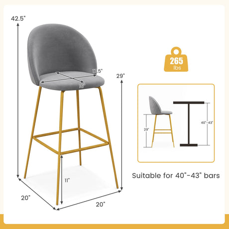 Juego de 2 taburetes de bar de 29 pulgadas con asientos acolchados - Gris