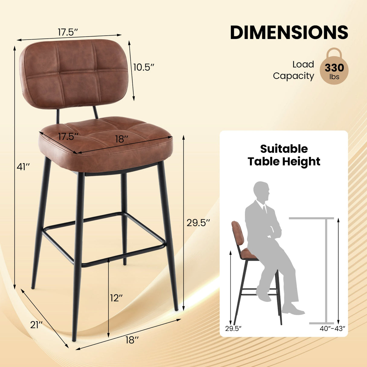 Juego de 2 taburetes de bar con asiento acolchado y reposapiés para isla de cocina - Marrón y negro