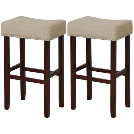 Juego de 2 taburetes de bar tapizados de 29 pulgadas con patas de madera de caucho maciza y reposapiés - Gris