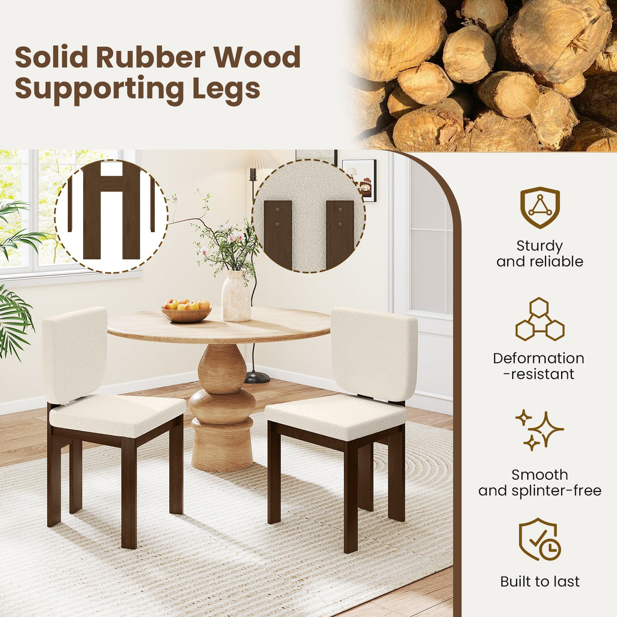 Juego de 2 sillas de comedor de madera con patas de madera de caucho para oficina en casa o sala de estar - Marrón