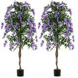 Juego de 2 plantas de ficus artificiales de 1.83 m, árboles de glicinia artificiales con troncos naturales y flores moradas realistas