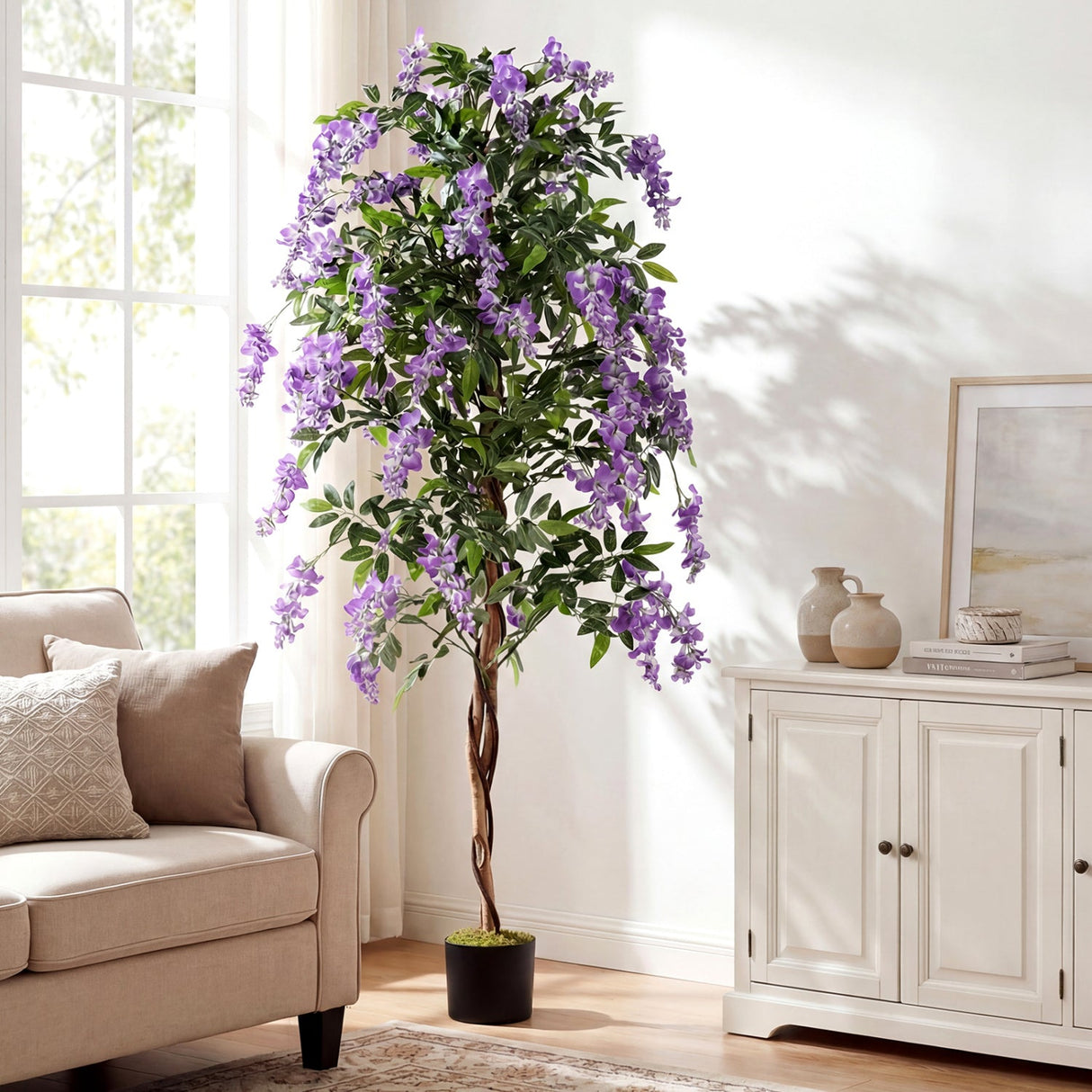 Juego de 2 plantas de ficus artificiales de 1.83 m, árboles de glicinia artificiales con troncos naturales y flores moradas realistas