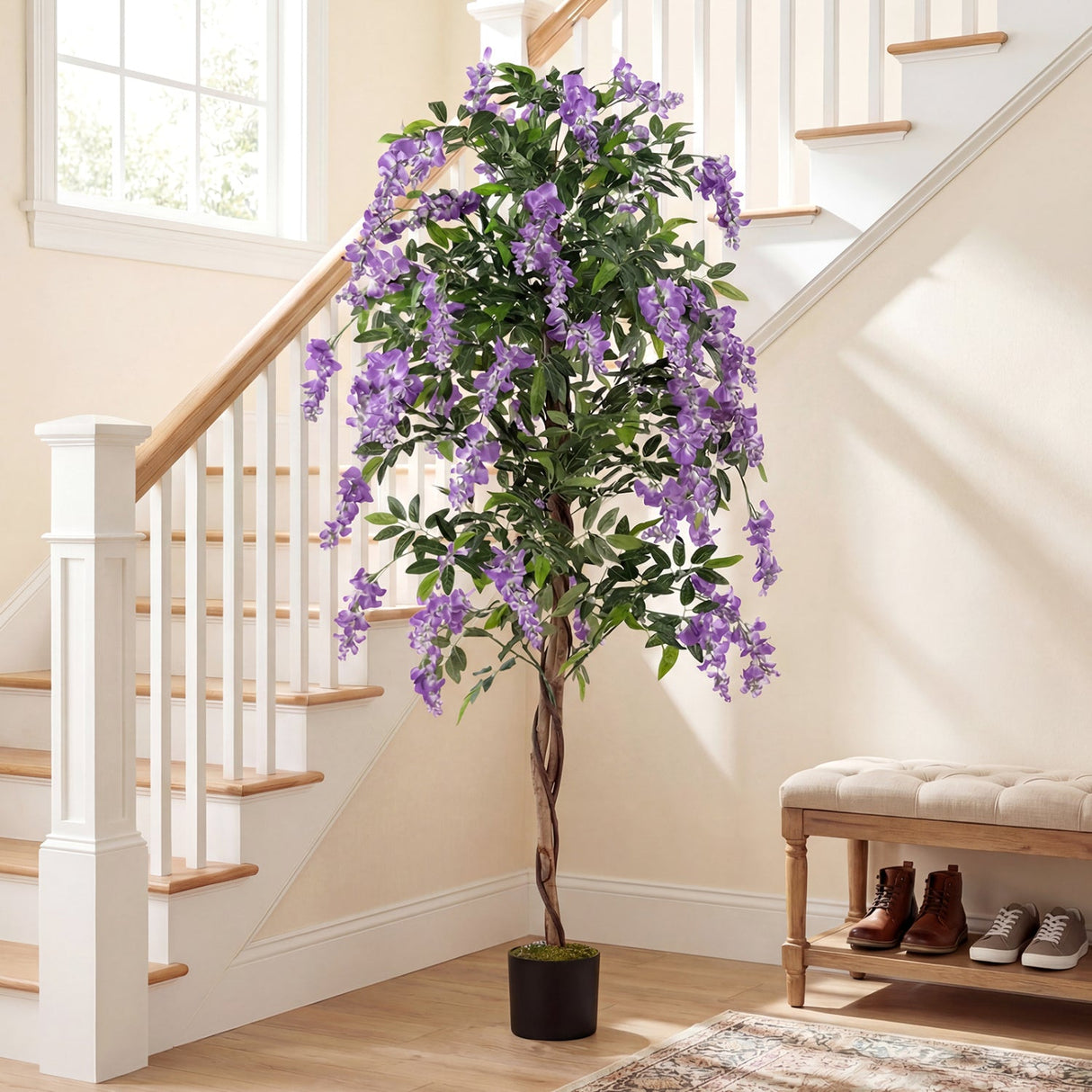Juego de 2 plantas de ficus artificiales de 1.83 m, árboles de glicinia artificiales con troncos naturales y flores moradas realistas