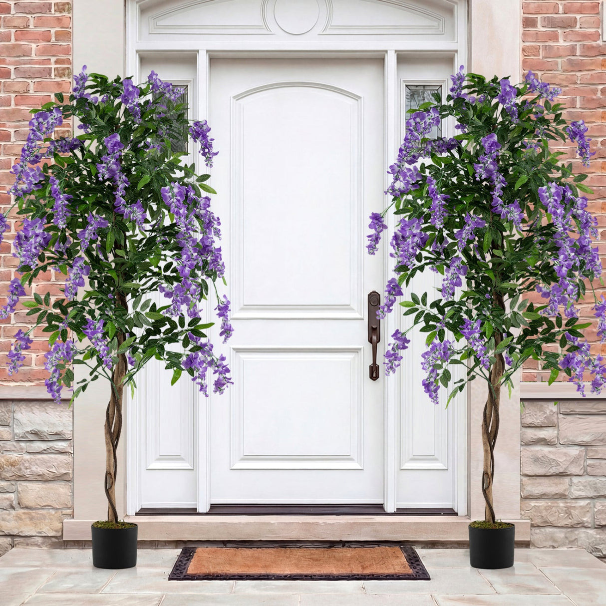Juego de 2 plantas de ficus artificiales de 1.83 m, árboles de glicinia artificiales con troncos naturales y flores moradas realistas