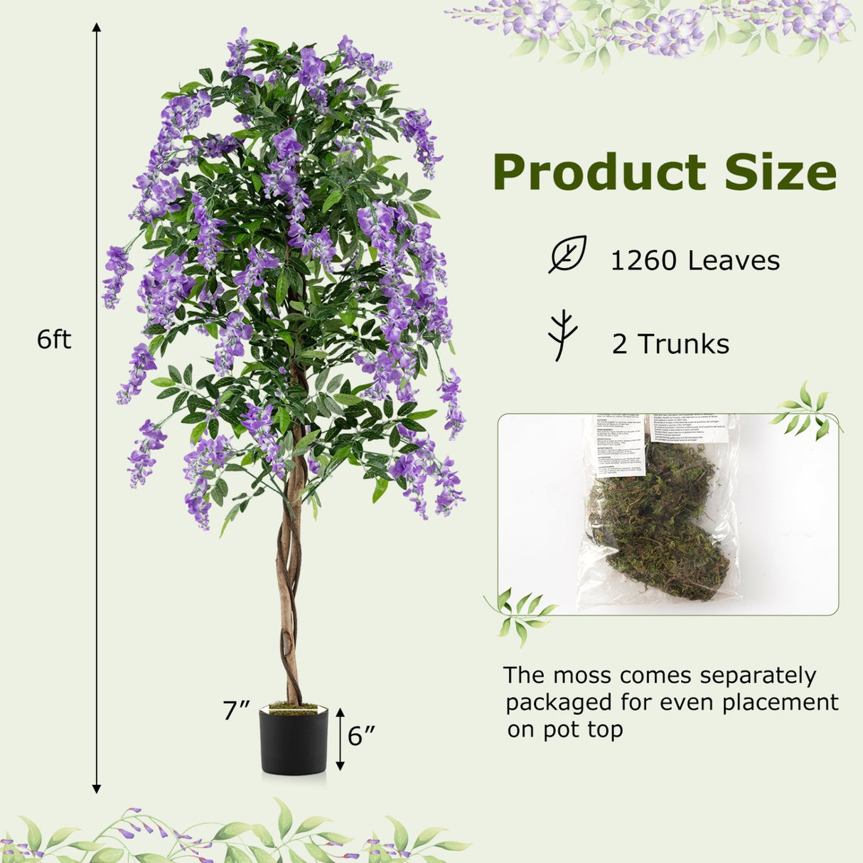 Juego de 2 plantas de ficus artificiales de 1.83 m, árboles de glicinia artificiales con troncos naturales y flores moradas realistas