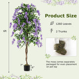 Juego de 2 plantas de ficus artificiales de 1.83 m, árboles de glicinia artificiales con troncos naturales y flores moradas realistas