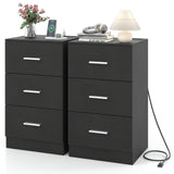 Set of 2 Nightstand with Charging Station End Table with 3 Storage Drawers Bedside Table for Bedroom