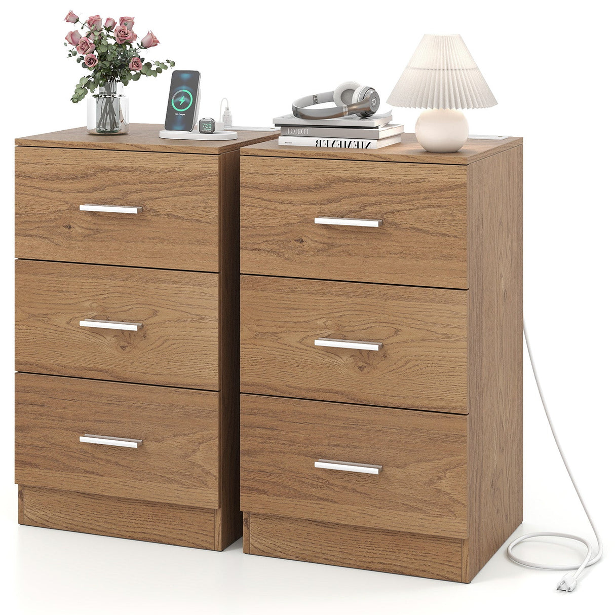 Set of 2 Nightstand with Charging Station End Table with 3 Storage Drawers Bedside Table for Bedroom
