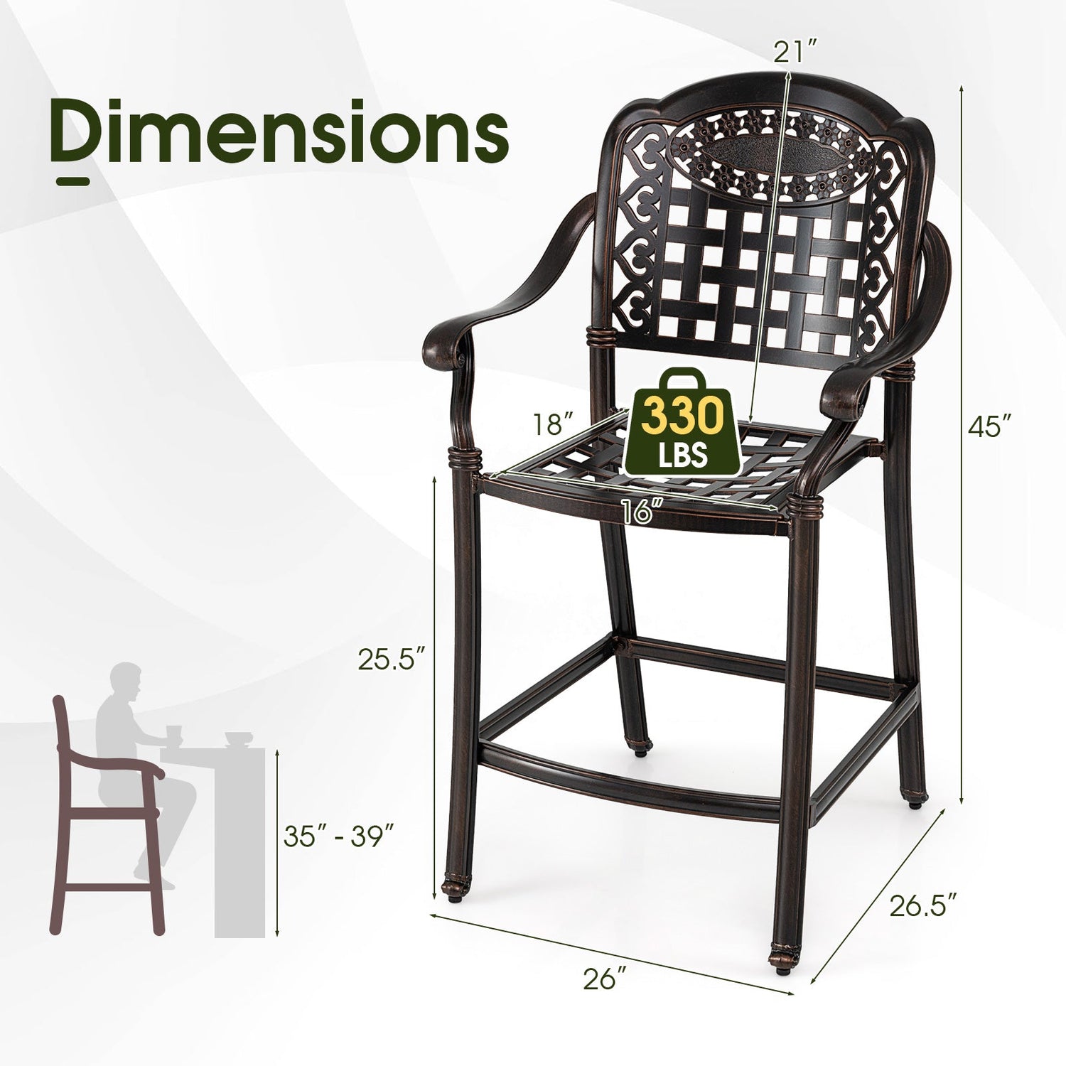 Juego de 2 Taburetes de Bar para Exterior de Aluminio Fundido de 25.5 Pulgadas de Altura de Mostrador - Cobre