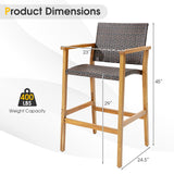 Juego de 2 sillas de bar de patio de mimbre de PE con reposabrazos de madera de acacia - Juego de 2