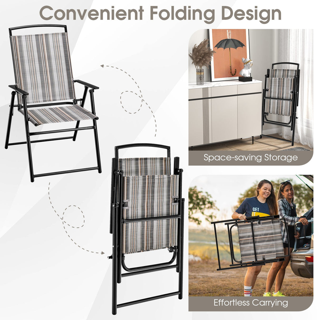 Juego de 2 sillas plegables de patio tipo sling, que ahorran espacio, para comedor, gris