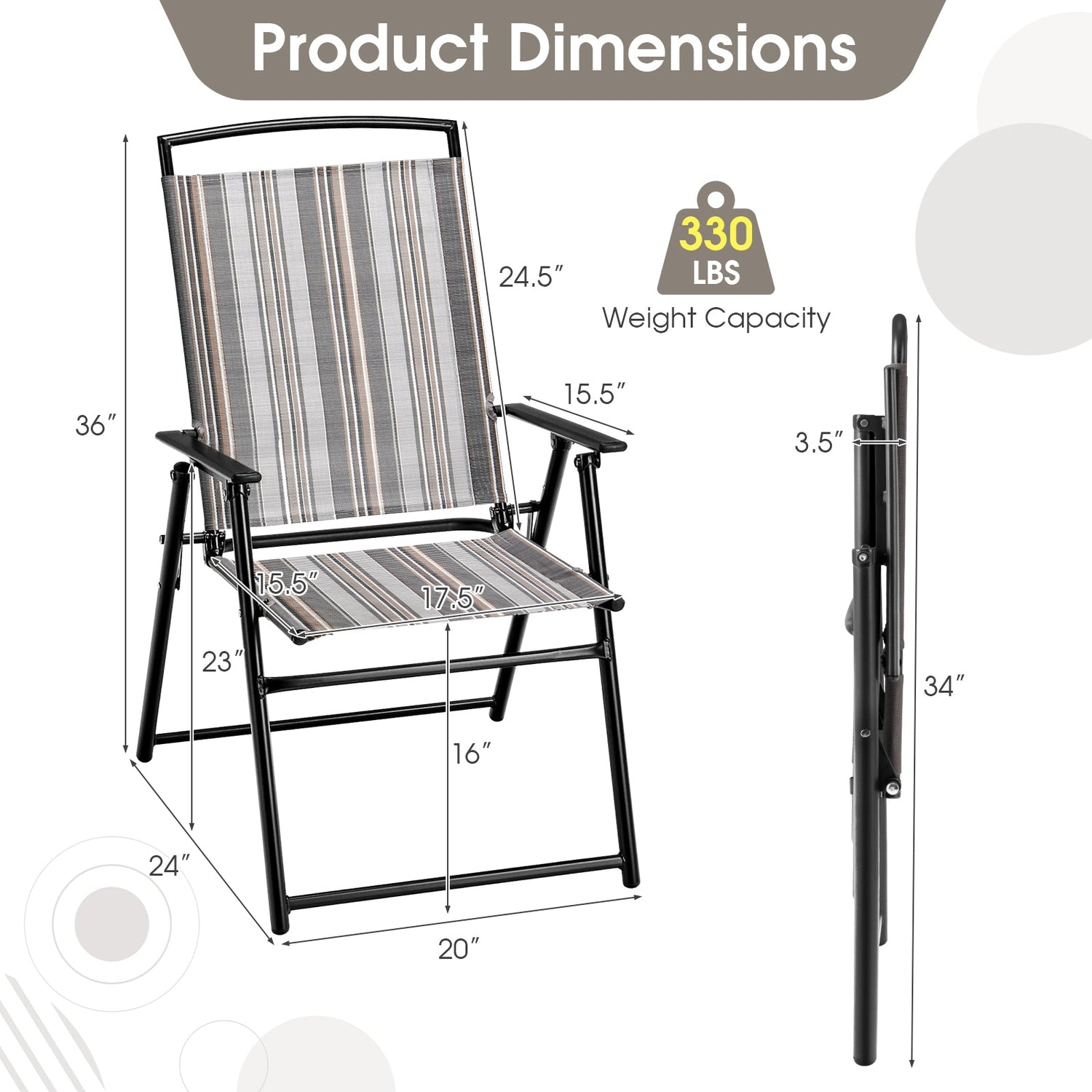 Juego de 2 sillas plegables de patio tipo sling, que ahorran espacio, para comedor, gris