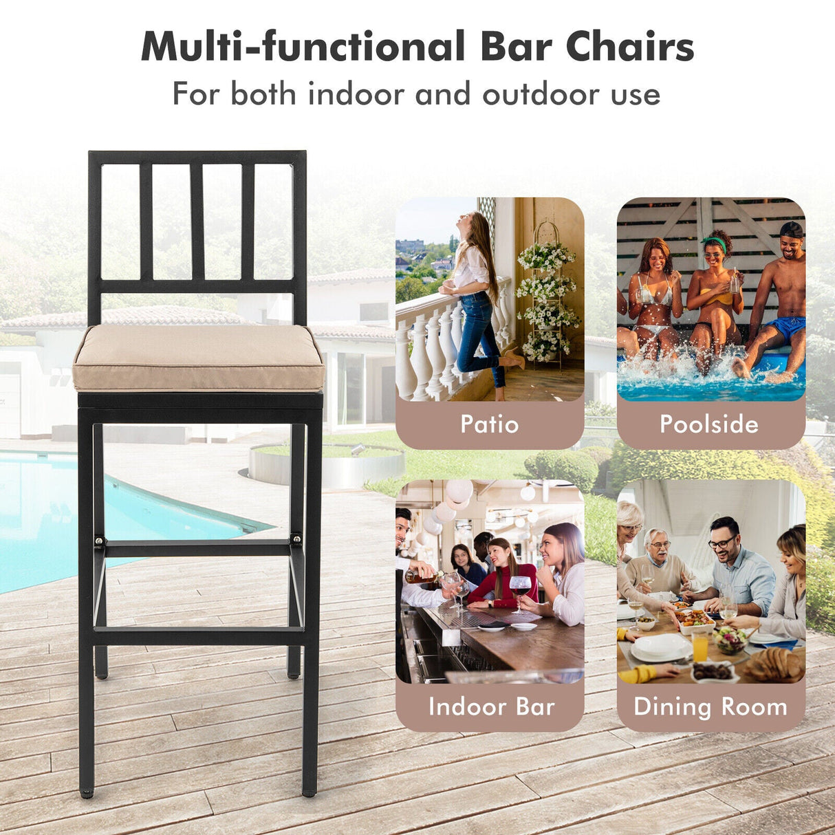 Juego de 2 sillas de bar para patio con cojín desmontable y reposapiés - Rayas verticales