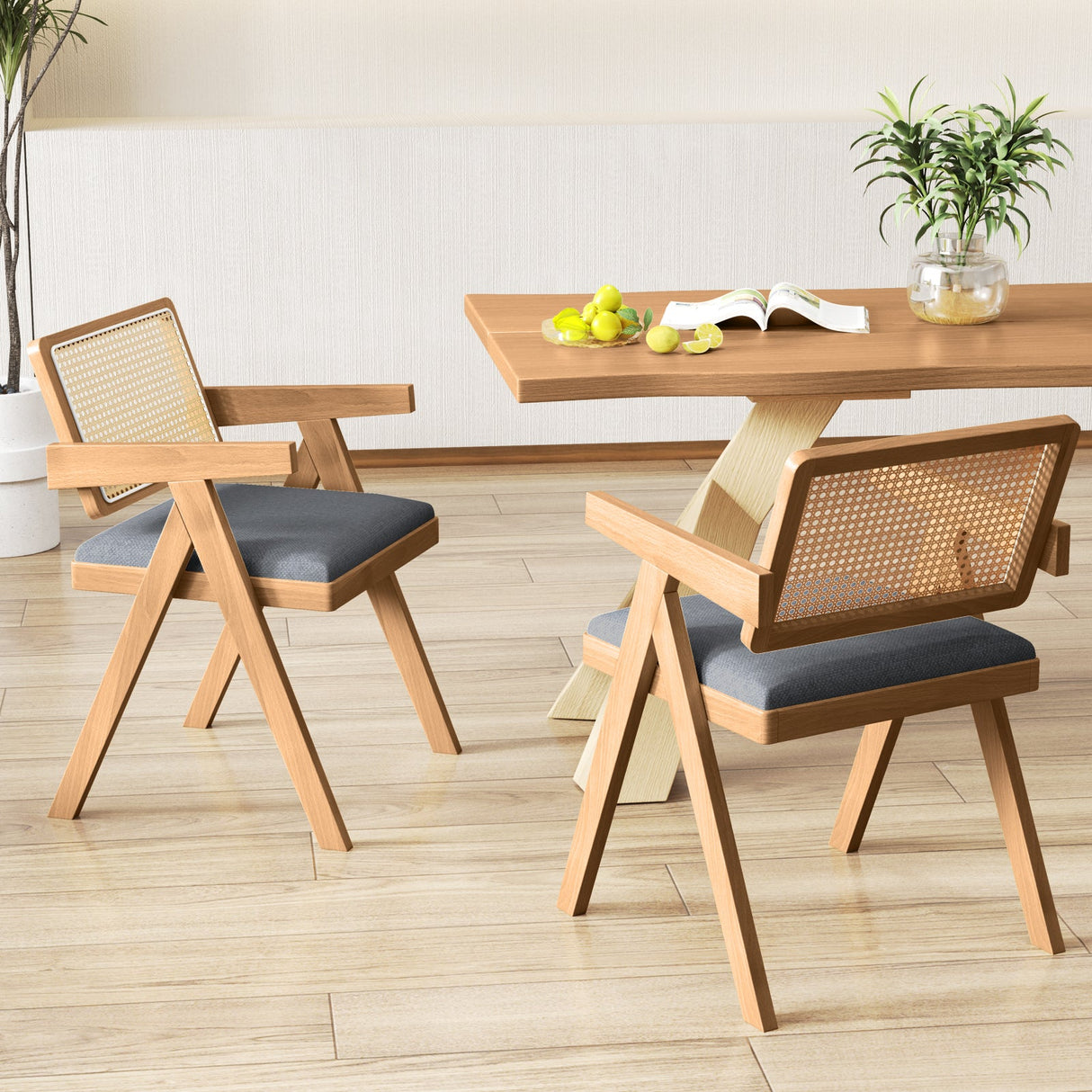 Juego de 2 sillones decorativos de ratán con cojín acolchado y estructura de madera de caucho