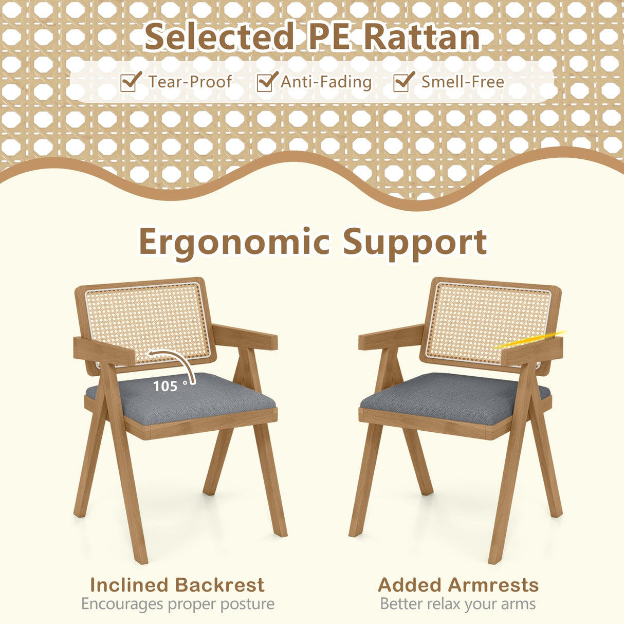 Juego de 2 sillones decorativos de ratán con cojín acolchado y estructura de madera de caucho