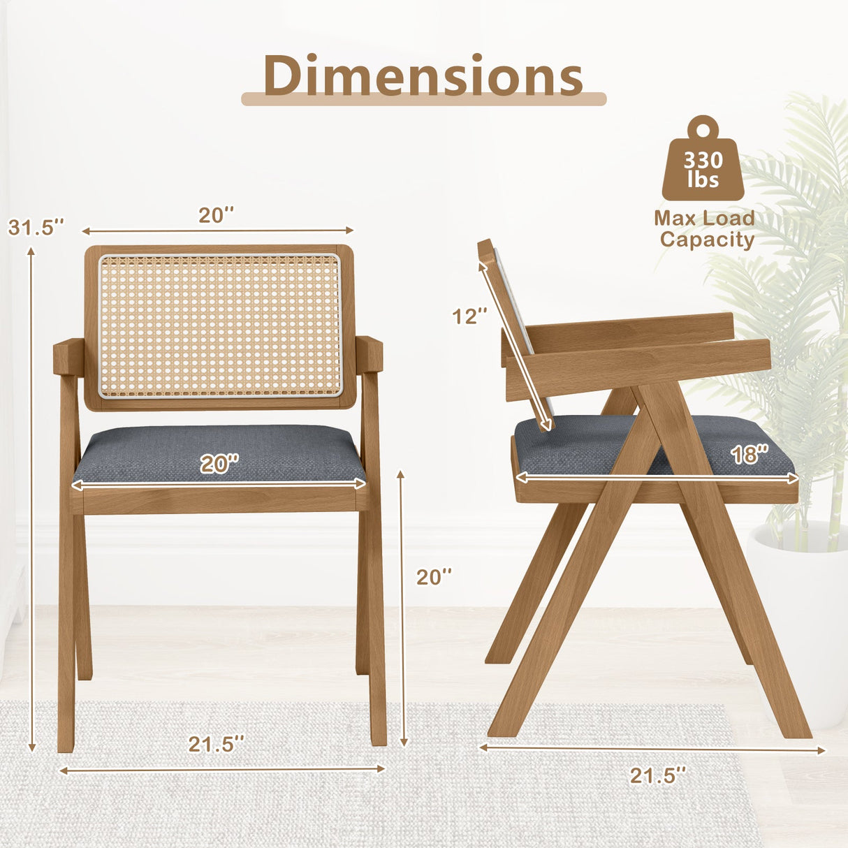 Juego de 2 sillones decorativos de ratán con cojín acolchado y estructura de madera de caucho
