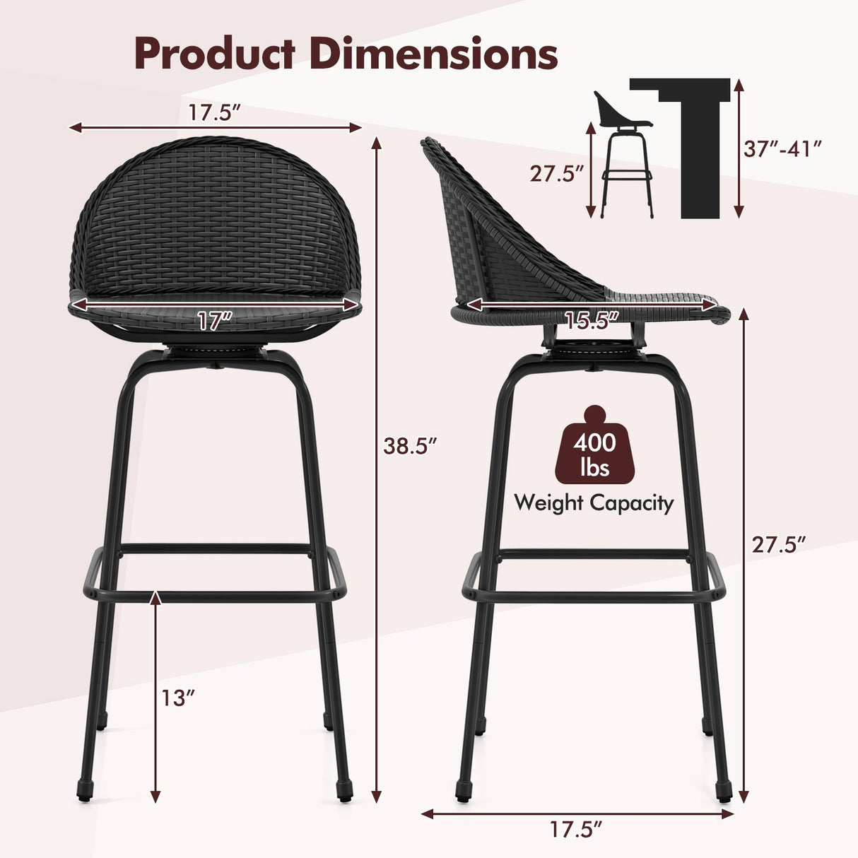Set of 2 Rattan Swivel Barstools with Curved Back-Black