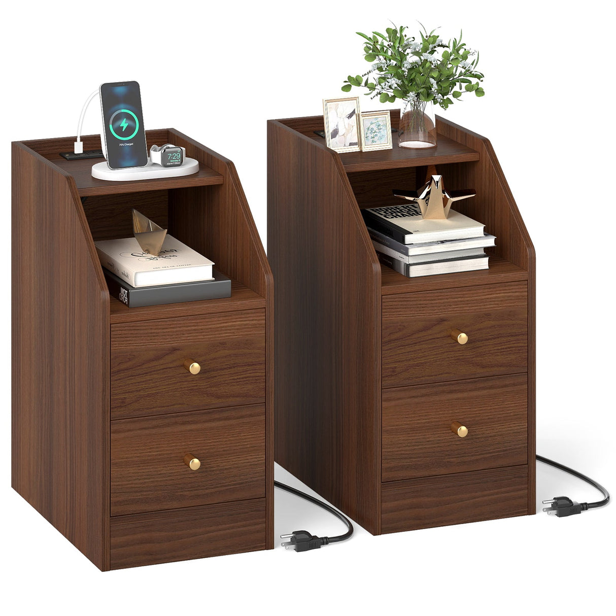 Set of 2 Side End Tables with Charging Station Sofa Couch Tables with Shelf Drawers