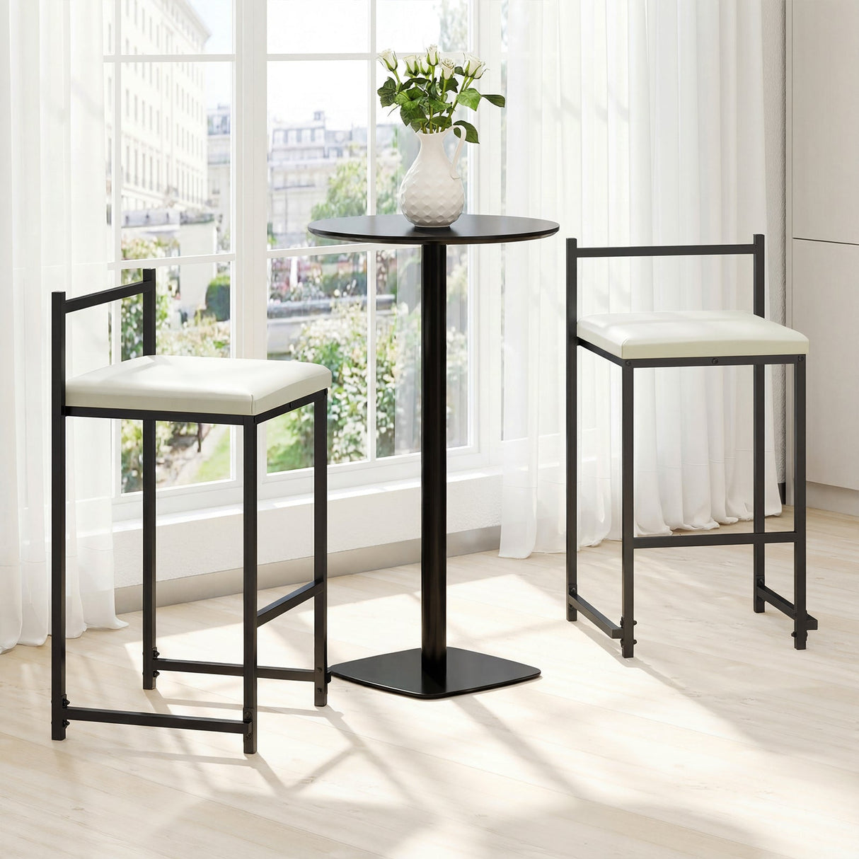 Juego de 2 taburetes de bar apilables de altura de mostrador tapizados en cuero de PU con reposapiés - Negro