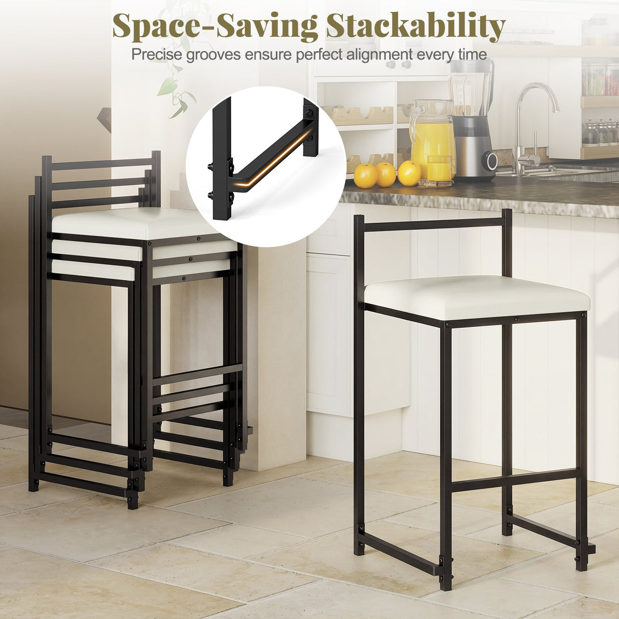 Juego de 2 taburetes de bar apilables de altura de mostrador tapizados en cuero de PU con reposapiés - Negro