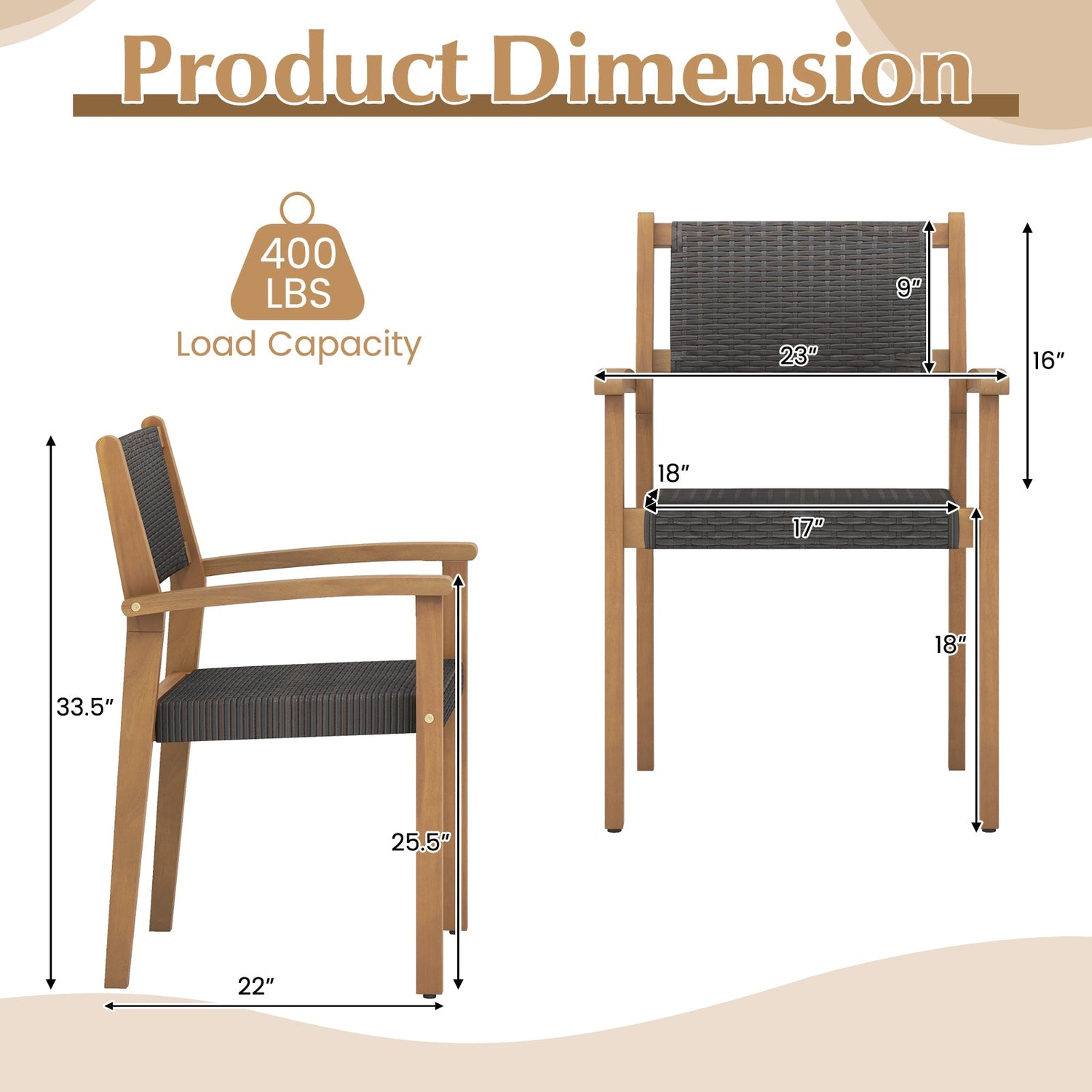 Juego de 2 sillas de comedor apilables de mimbre para exterior