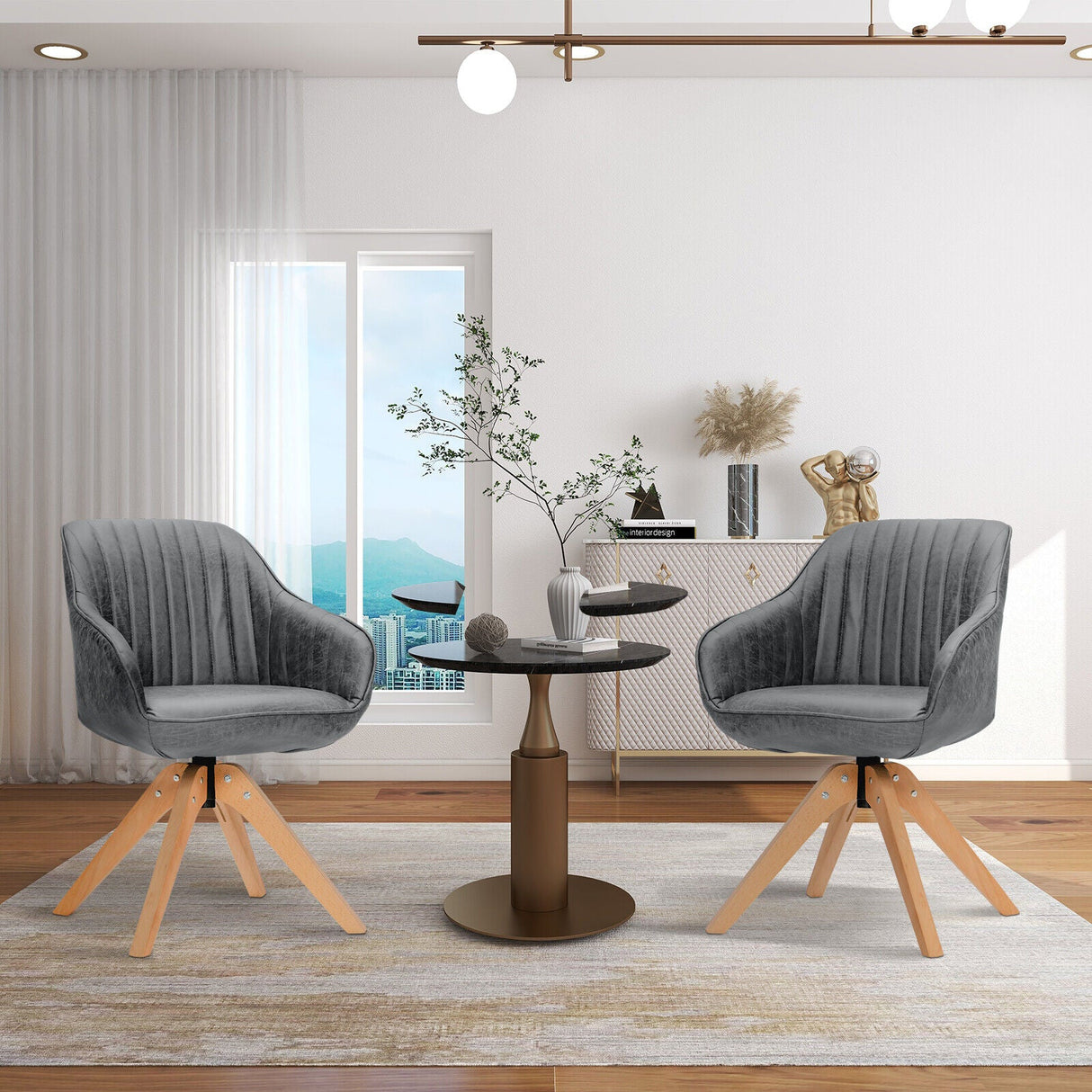 Juego Moderno Leathaire de 2 Sillones Giratorios con Patas de Madera de Haya