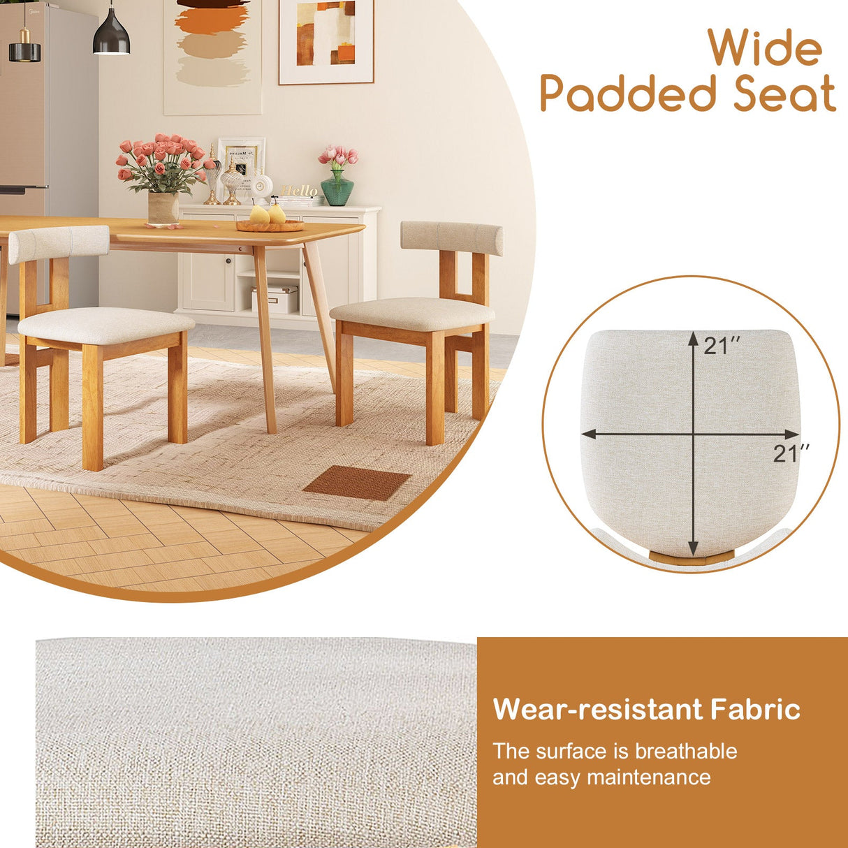 Juego de 2 sillas de comedor tapizadas para cocina con asiento acolchado - Natural