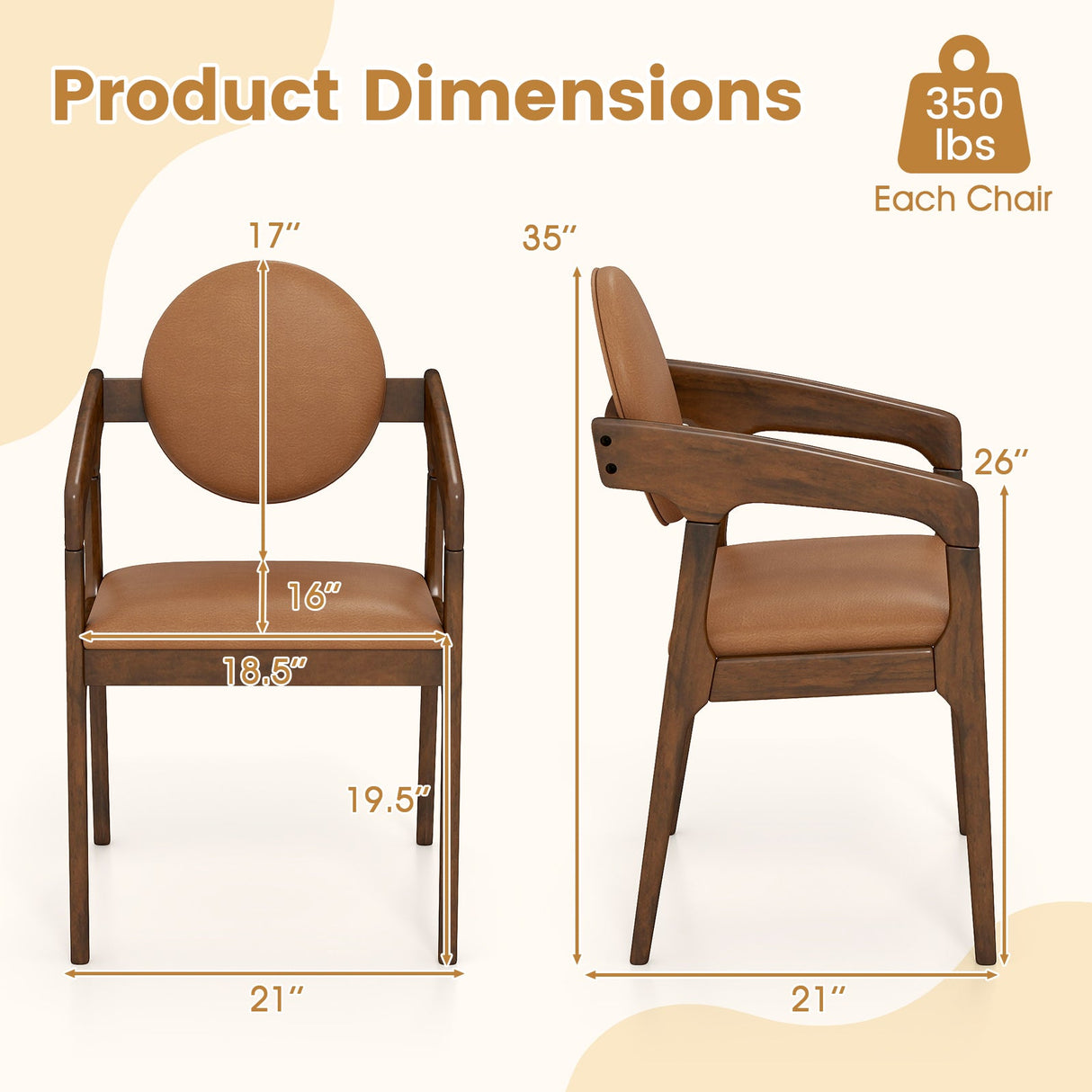 Juego de 2 sillas de comedor de madera, sillones tapizados de piel sintética - Marrón