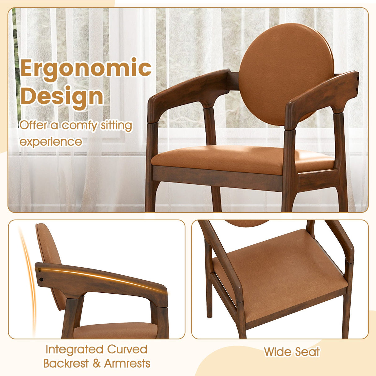 Juego de 2 sillas de comedor de madera, sillones tapizados de piel sintética - Marrón