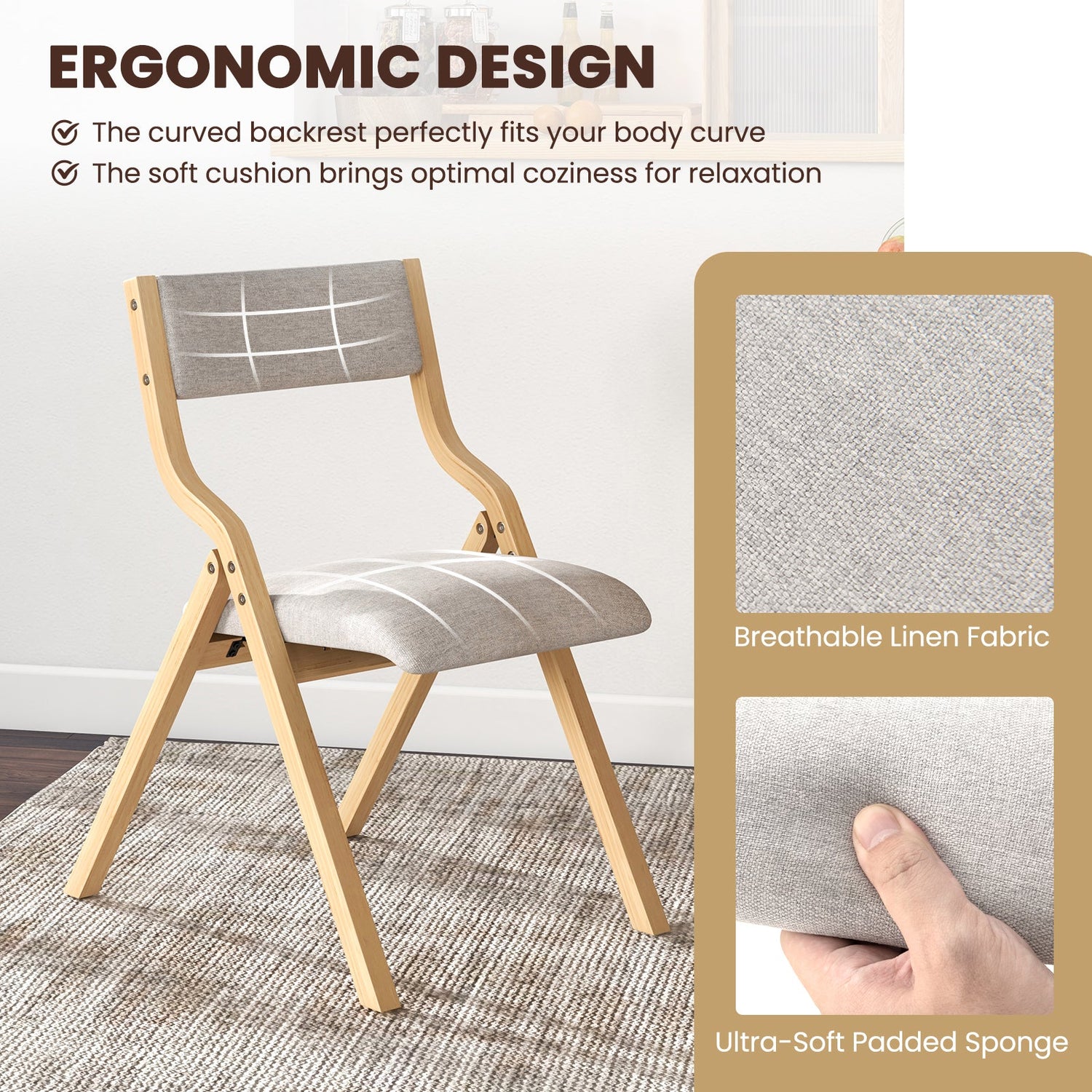 Set of 2 Wooden Folding Dining Chair with Linen Fabric Padded Seat and Backrest