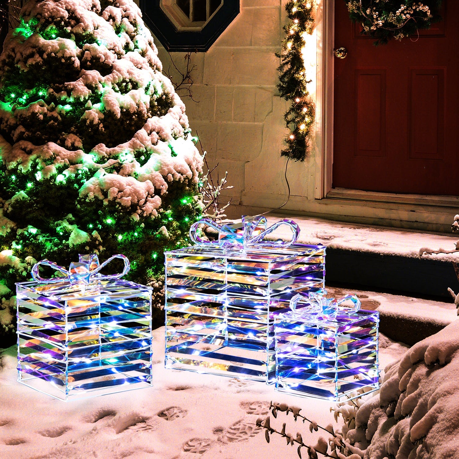 Set of 3 Christmas Lighted Gift Boxes with Bows and Plug